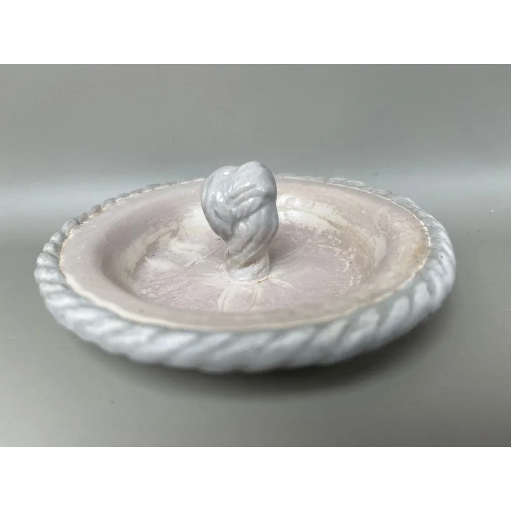 Beige Trinket Dish Knot Decor Ring‎ Holder Handmade Pottery Vanity Jewelry 4.5